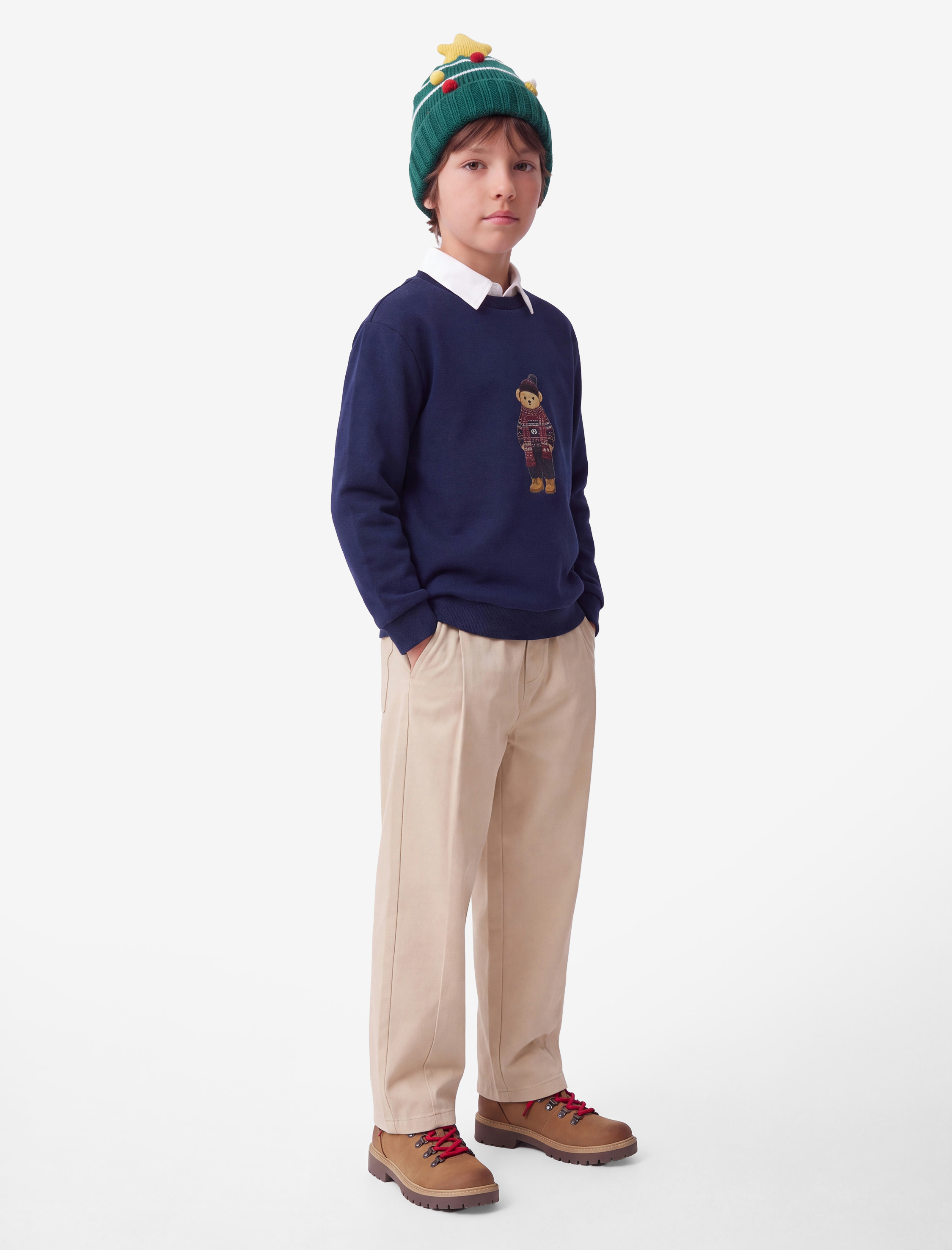  Erkek Çocuk Ayıcık Baskılı Pamuklu Uzun Kollu Yakalı Oversize Sweatshirt