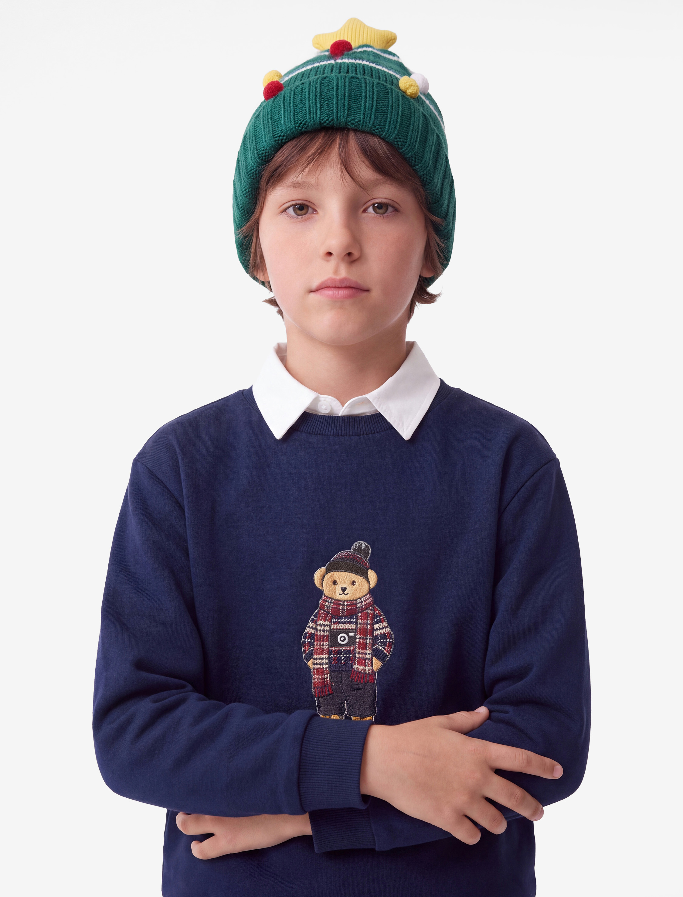  Erkek Çocuk Ayıcık Baskılı Pamuklu Uzun Kollu Yakalı Oversize Sweatshirt