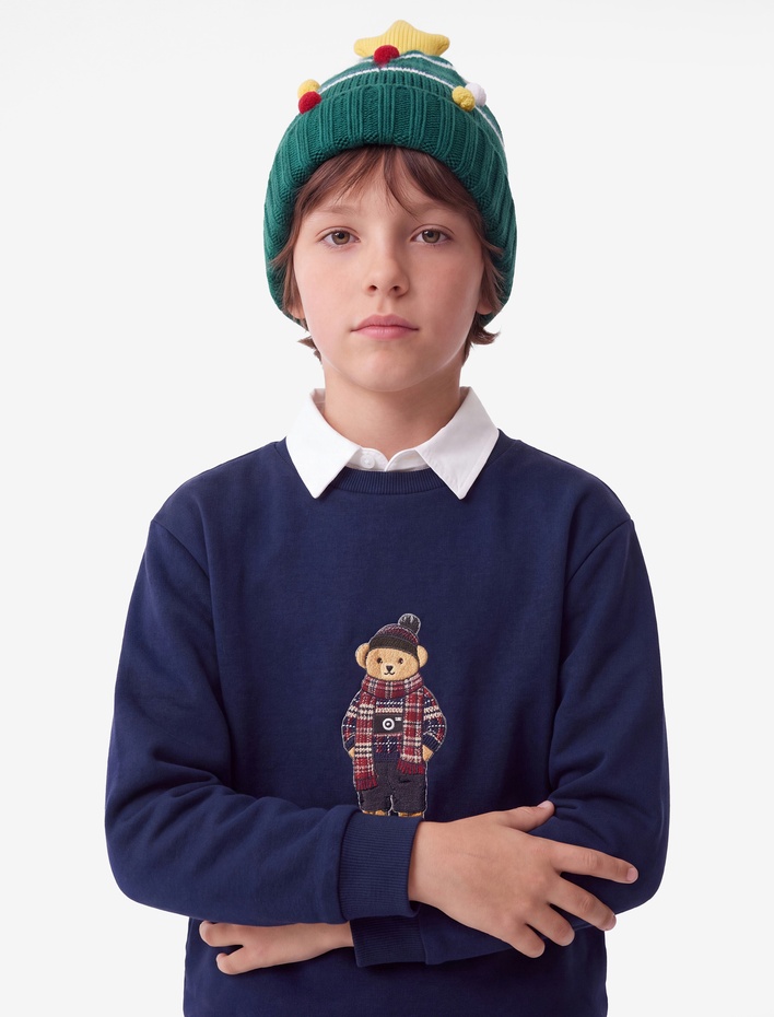 Erkek Çocuk Ayıcık Baskılı Pamuklu Uzun Kollu Yakalı Oversize Sweatshirt