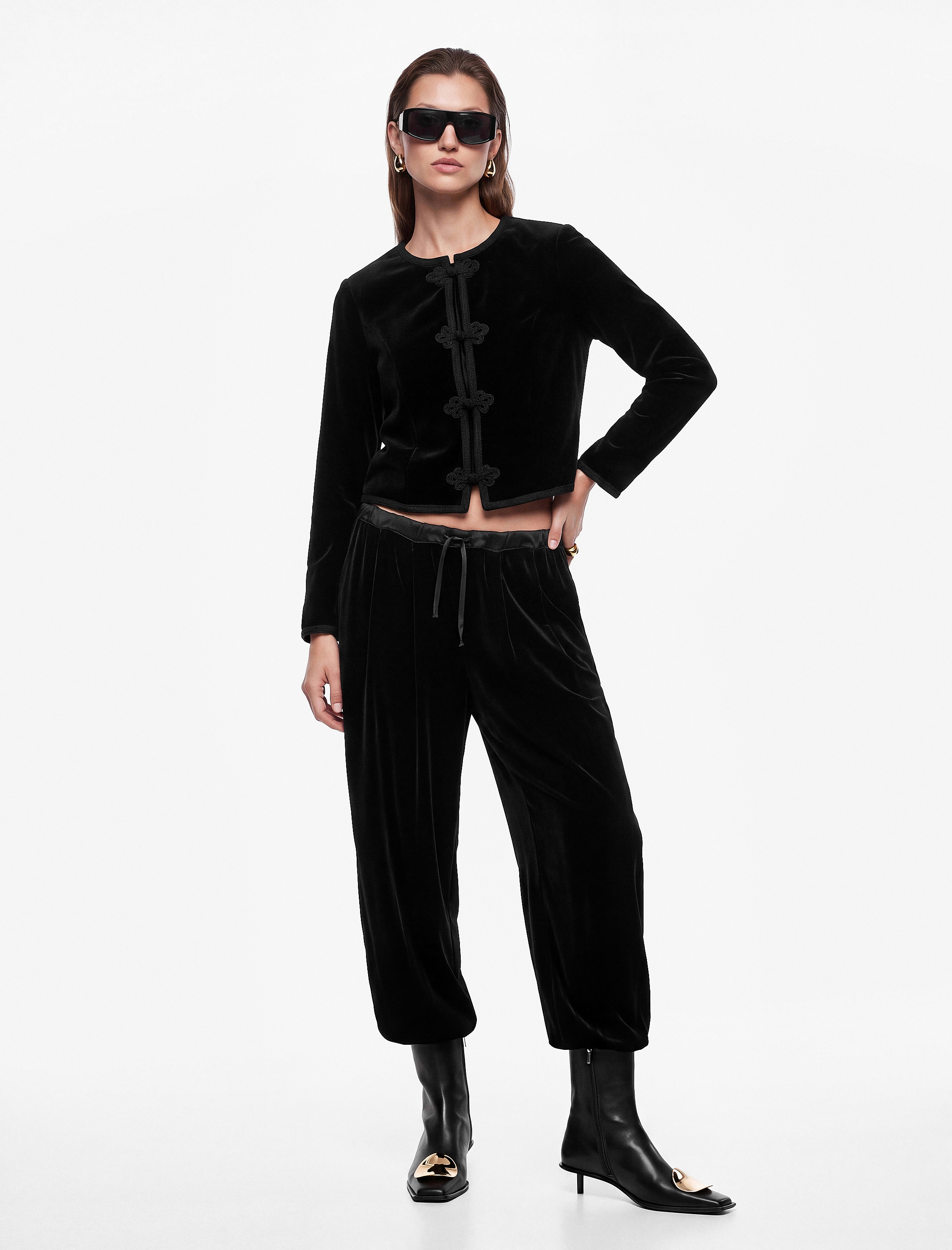   Beli Bağcıklı Cepli Kadife Harem Pantolon
