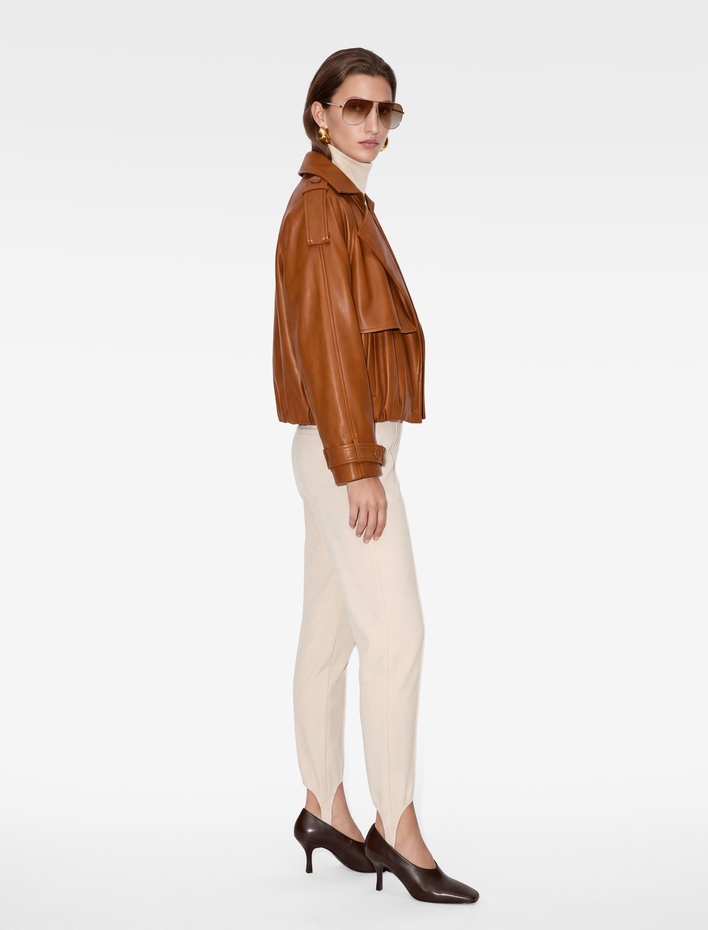  Uzun Kollu Düğmeli Crop Oversize Suni Deri Kruvaze Yaka Bomber Ceket