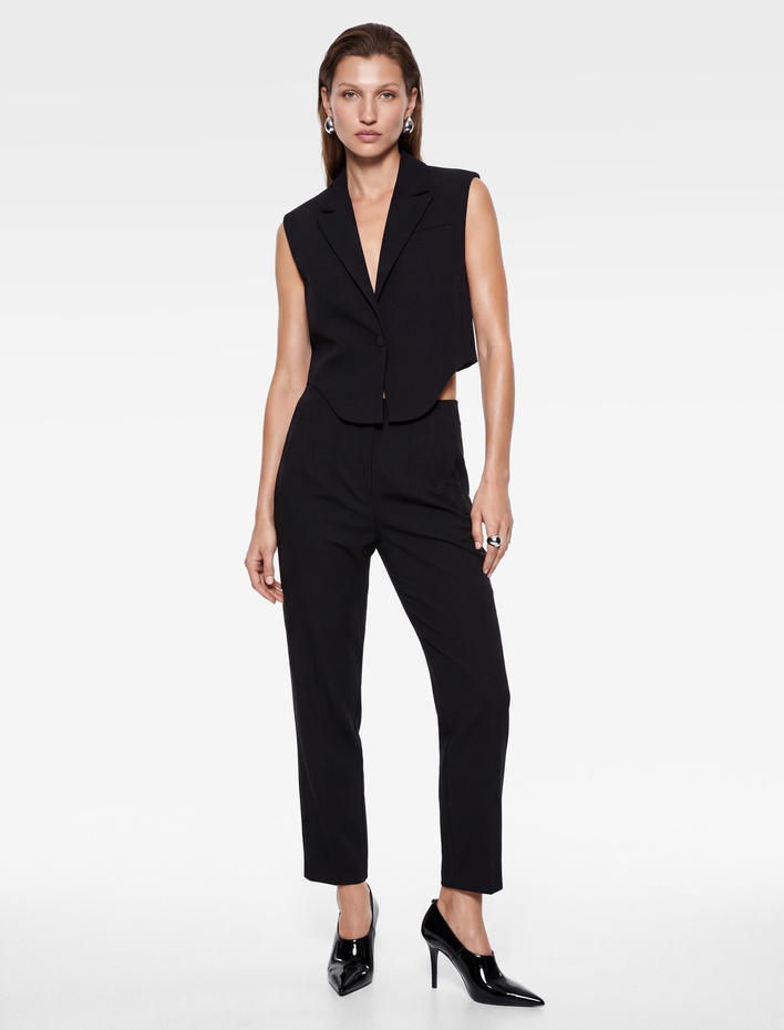  Ekstra Yüksek Bel Slim Fit Kısa Düz Paça Çizgili Pantolon