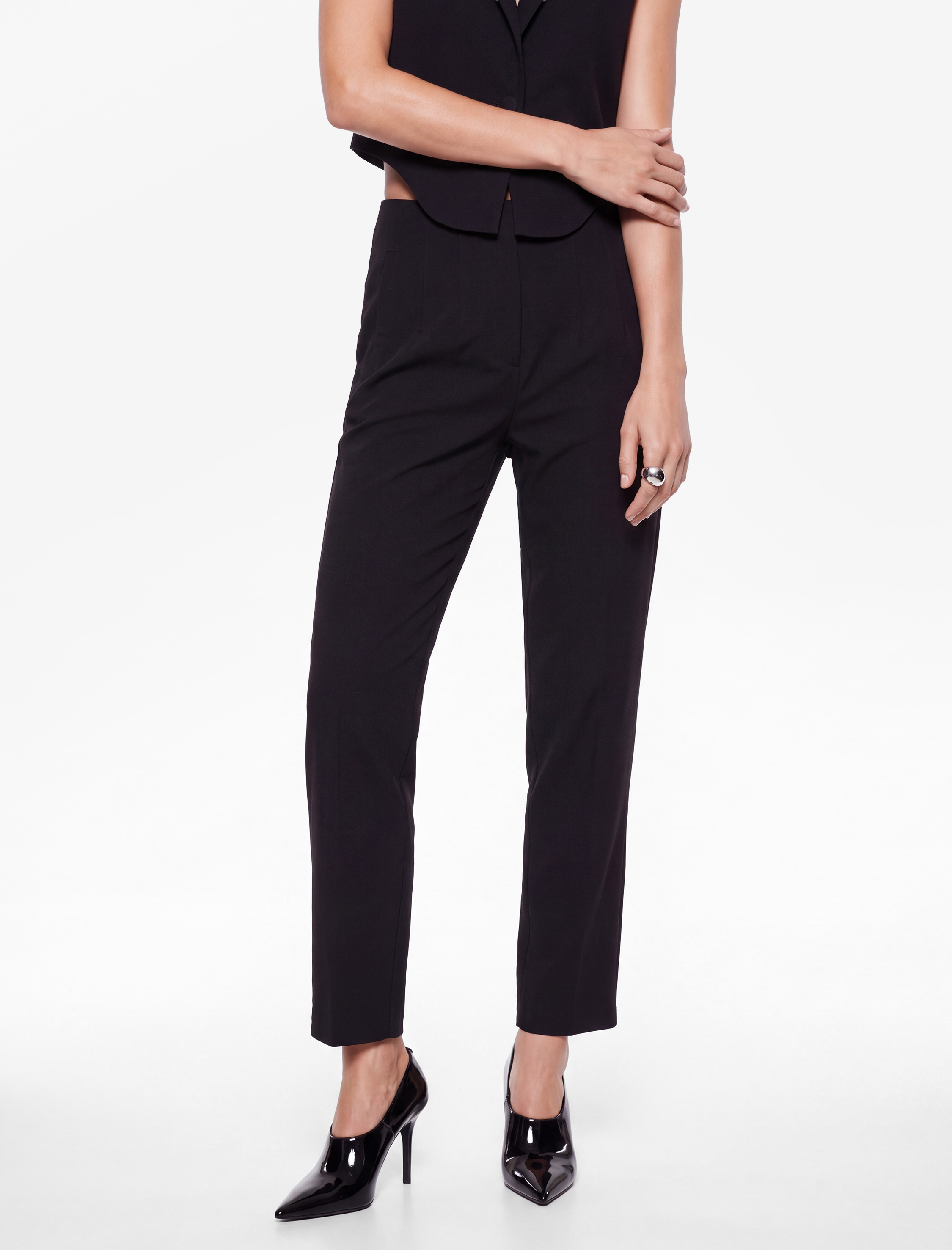   Ekstra Yüksek Bel Slim Fit Kısa Düz Paça Çizgili Pantolon