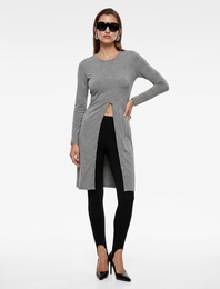 Slim Fit Uzun Kollu Bisiklet Yaka Düğmeli Uzun Bluz