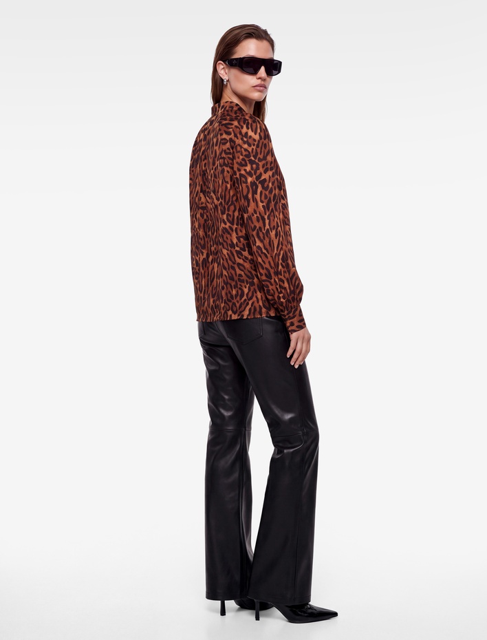  Uzun Kollu Leopar Desenli Dik Yaka Oversize Gömlek