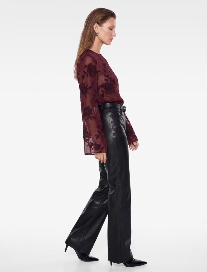  Transparan Simli Tül Bluz Slim Fit Kayık Yaka Uzun Kollu Floral Dokulu
