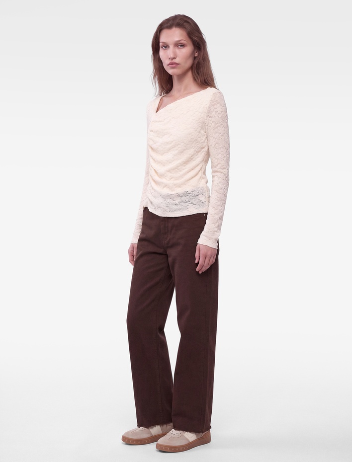  Uzun Kollu Slim Fit Drapeli Asimetrik Yaka Dantel Bluz