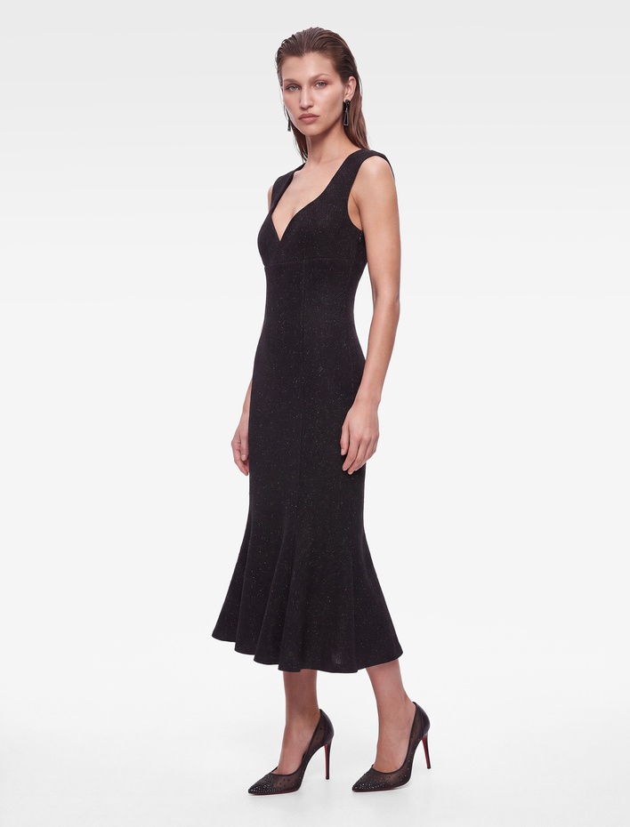  Simli Slim Fit Kalp Yaka Kolsuz Volanlı Uzun Kalem Elbise