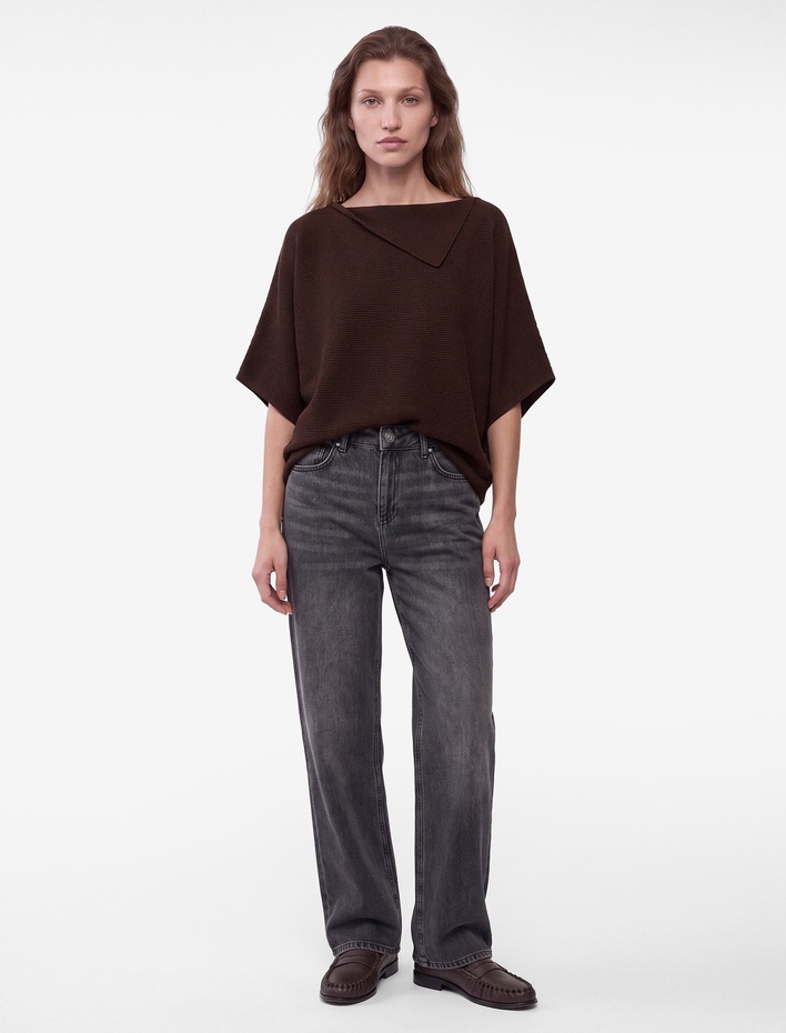  Devrik Yaka 3/4 Kollu Yarasa Kol Oversize Triko Kazak