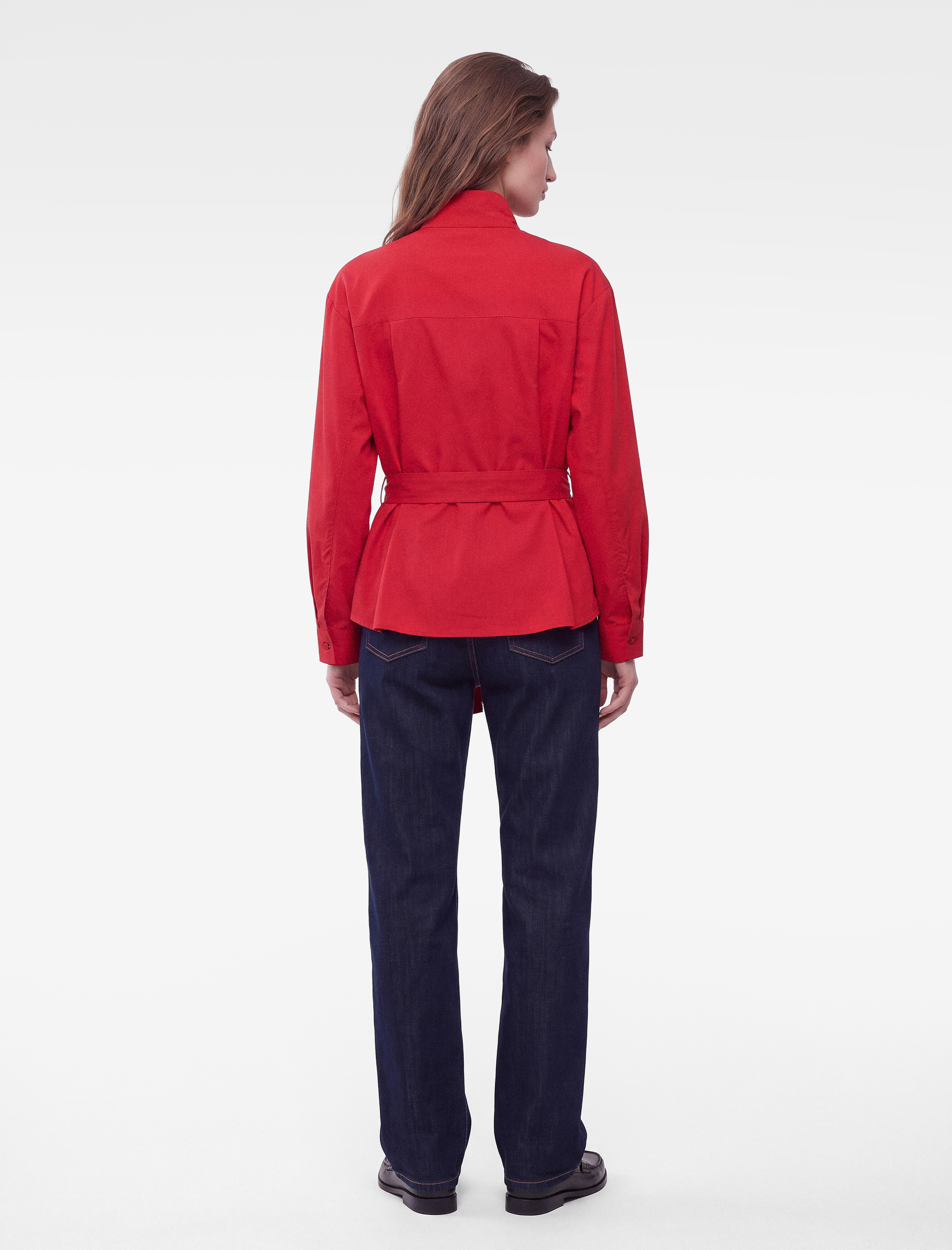   Regular Fit Uzun Kollu Kuşaklı Dik Yaka Poplin Gömlek