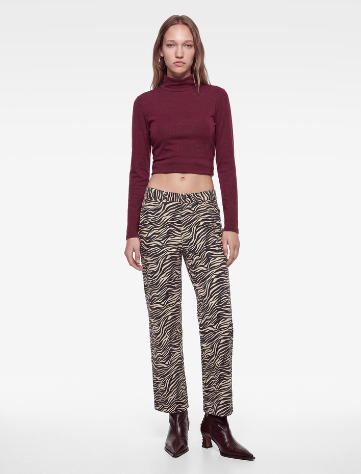  Cepli Düğmeli Düşük Bel Rahat Kalıp Zebra Desenli Baggy Pantolon