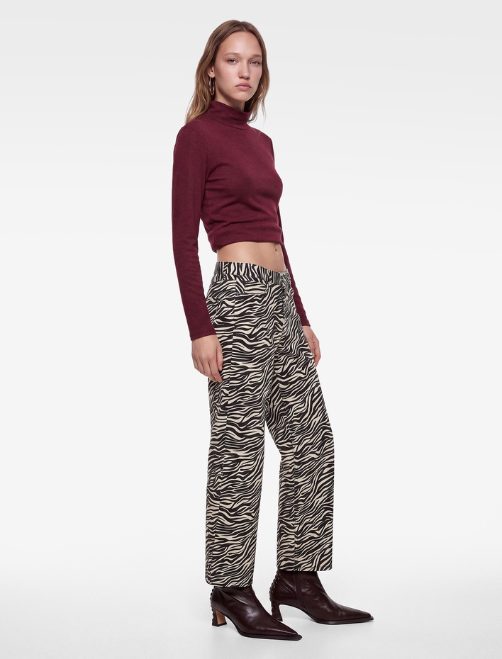  Cepli Düğmeli Düşük Bel Rahat Kalıp Zebra Desenli Baggy Pantolon