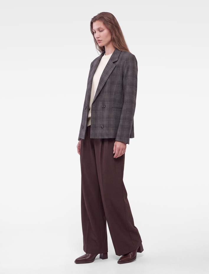  Bol Kesim Uzun Kollu Kruvaze Düğmeli Ekose Blazer Ceket