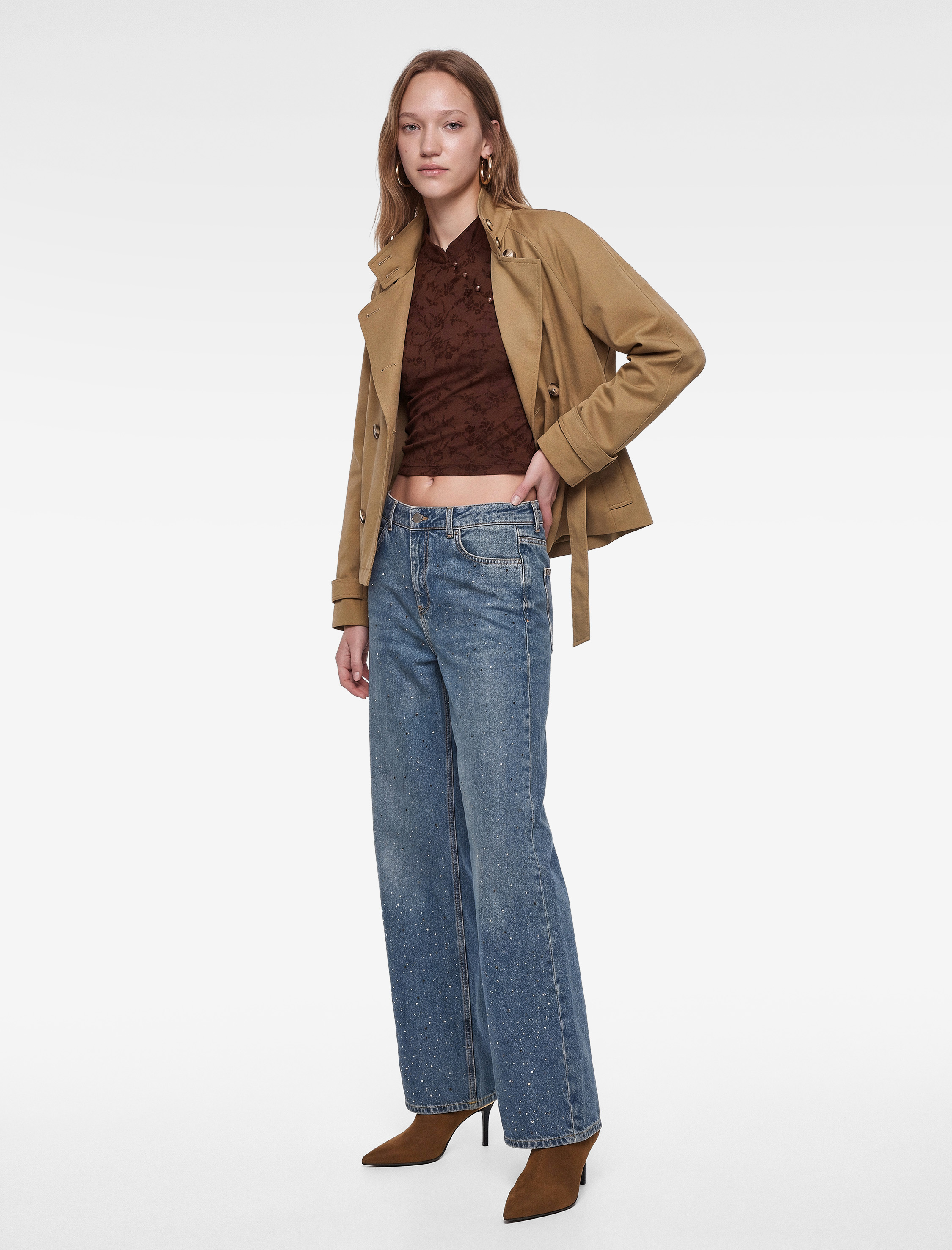   Bol Kesim Pamuklu Cepli Düğmeli Taşlı Denim Pantolon - Loose Straight Fit Jean