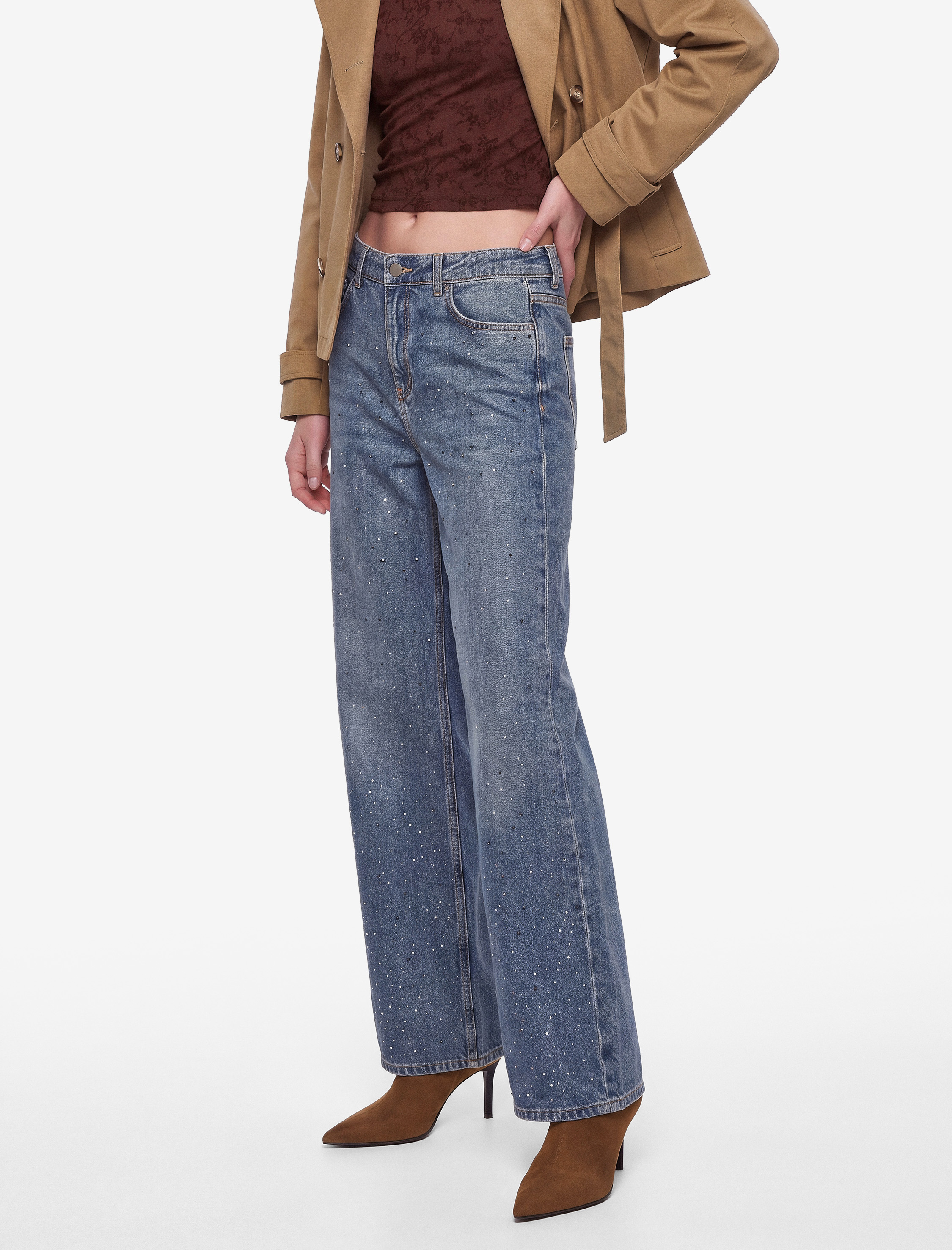  Bol Kesim Pamuklu Cepli Düğmeli Taşlı Denim Pantolon - Loose Straight Fit Jean