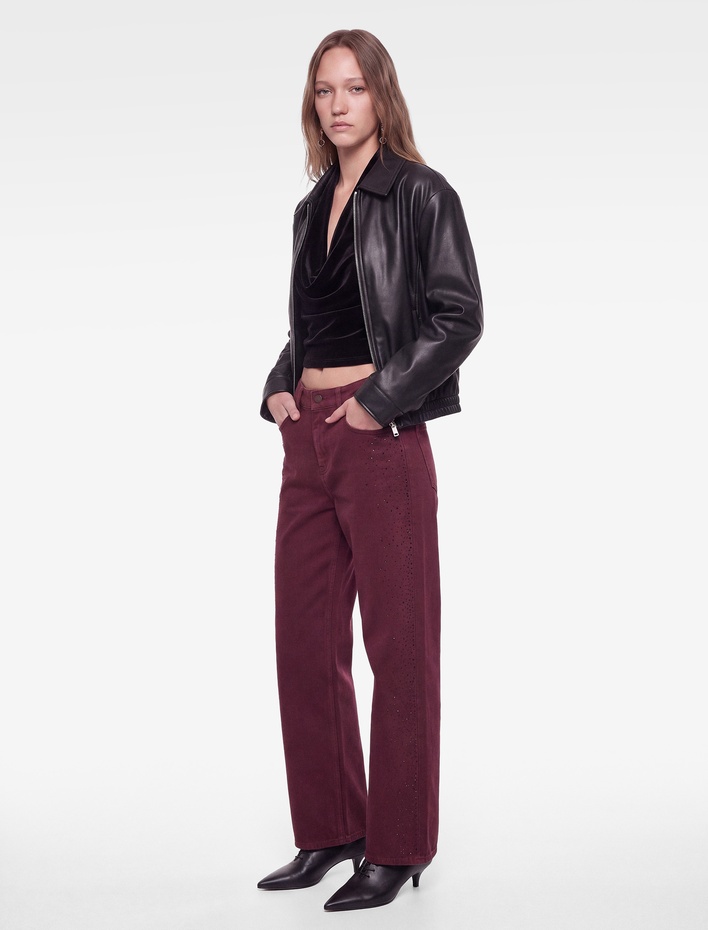  Yüksek Bel Taşlı Bol Paça Düğmeli Cepli Pamuklu Denim Pantolon - Loose Straight Fit Jean