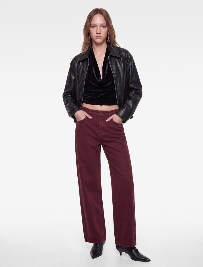  Yüksek Bel Taşlı Bol Paça Düğmeli Cepli Pamuklu Denim Pantolon - Loose Straight Fit Jean