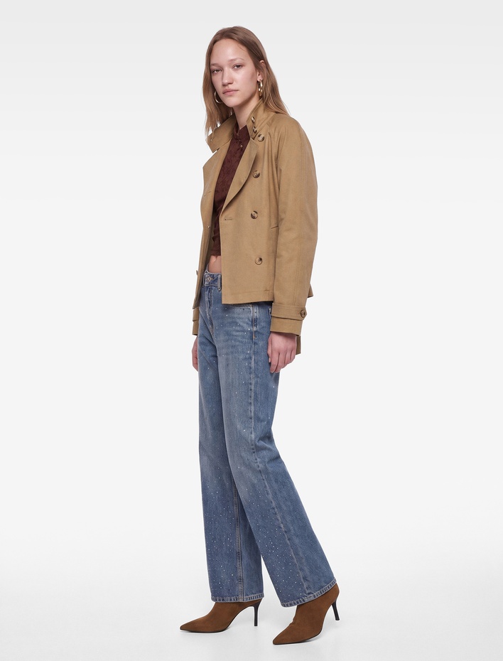  Bol Kesim Pamuklu Cepli Düğmeli Taşlı Denim Pantolon - Loose Straight Fit Jean