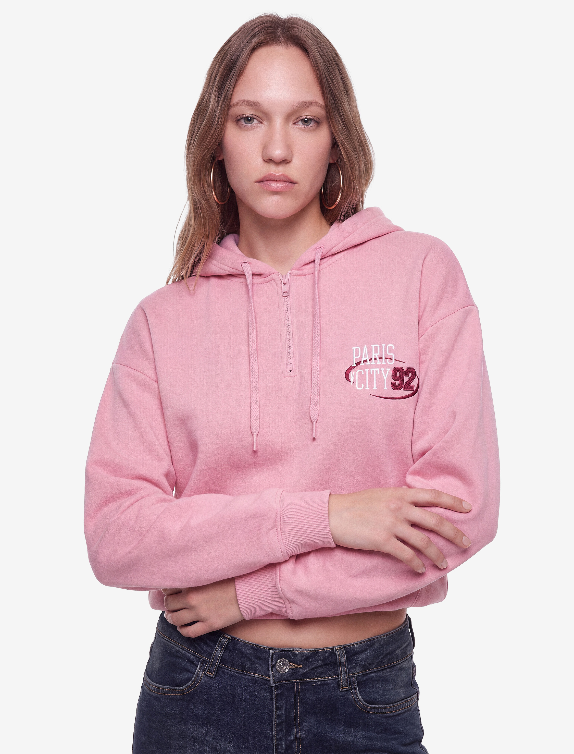   Pamuklu Rahat Kalıp Kapüşonlu Yarım Fermuarlı Cepli Baskılı Sweatshirt