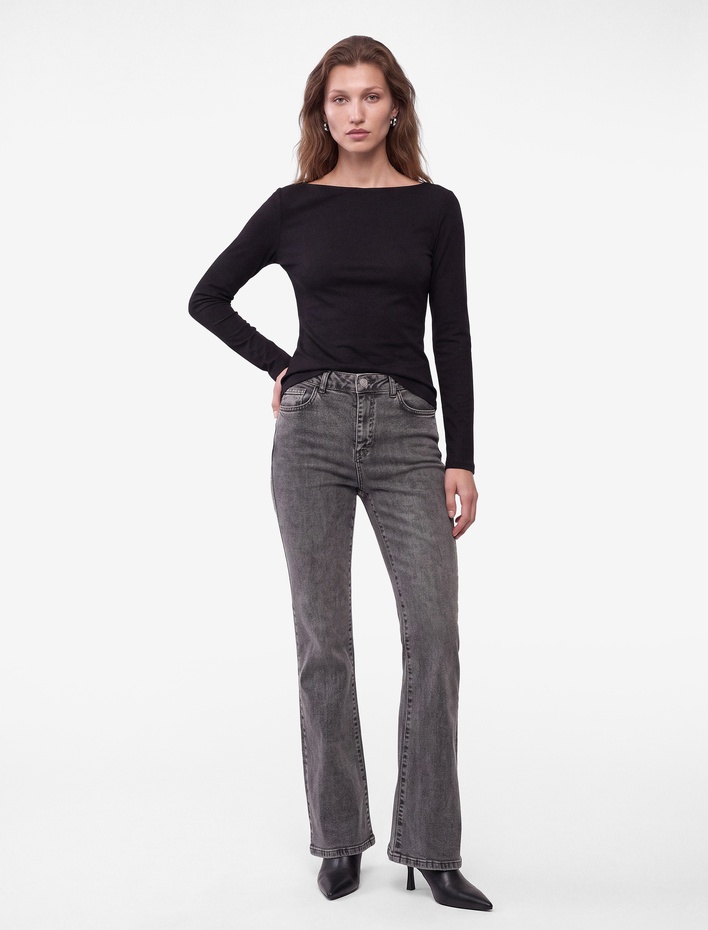  Slim Fit Yün Karışımlı Yuvarlak Yaka Yan Düğmeli Uzun Kollu Tişört