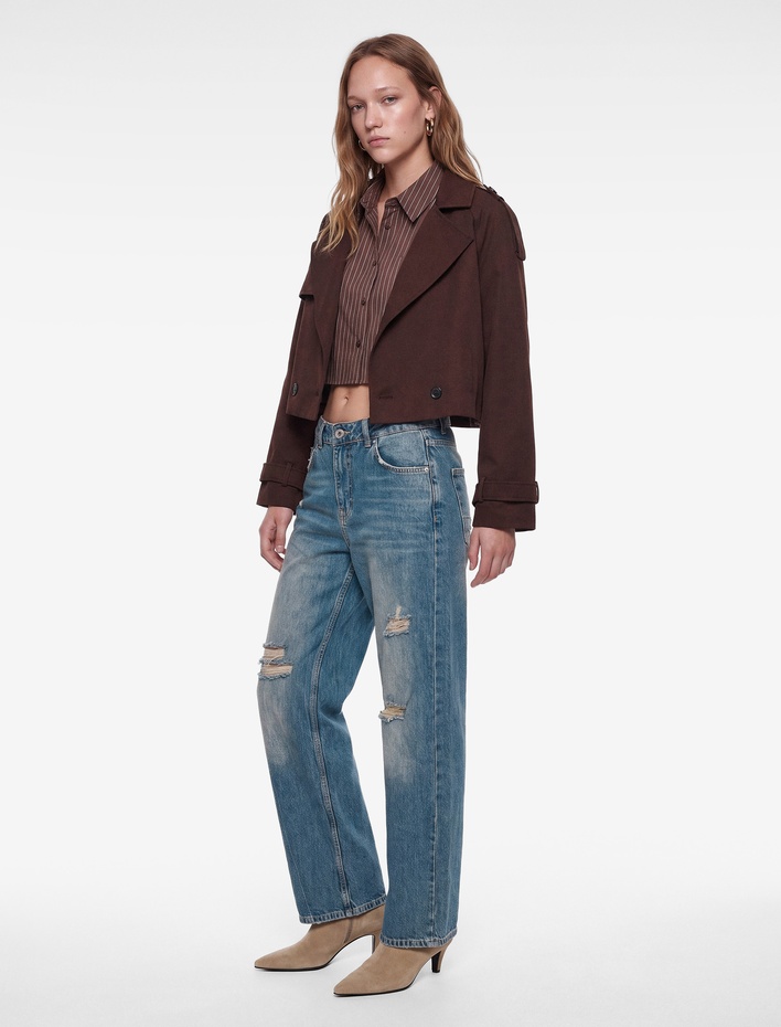  Yıpratılmış Düz Paça Cepli Düğmeli Pamuklu Baggy Denim Pantolon - Baggy Jeans