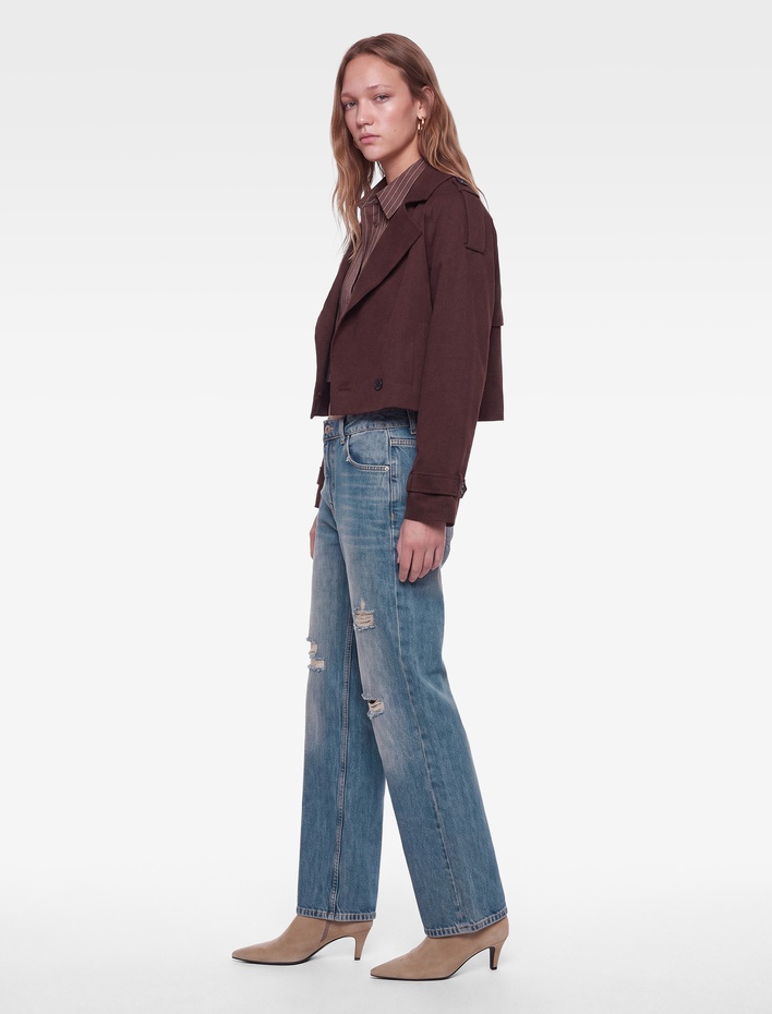  Yıpratılmış Düz Paça Cepli Düğmeli Pamuklu Baggy Denim Pantolon - Baggy Jeans