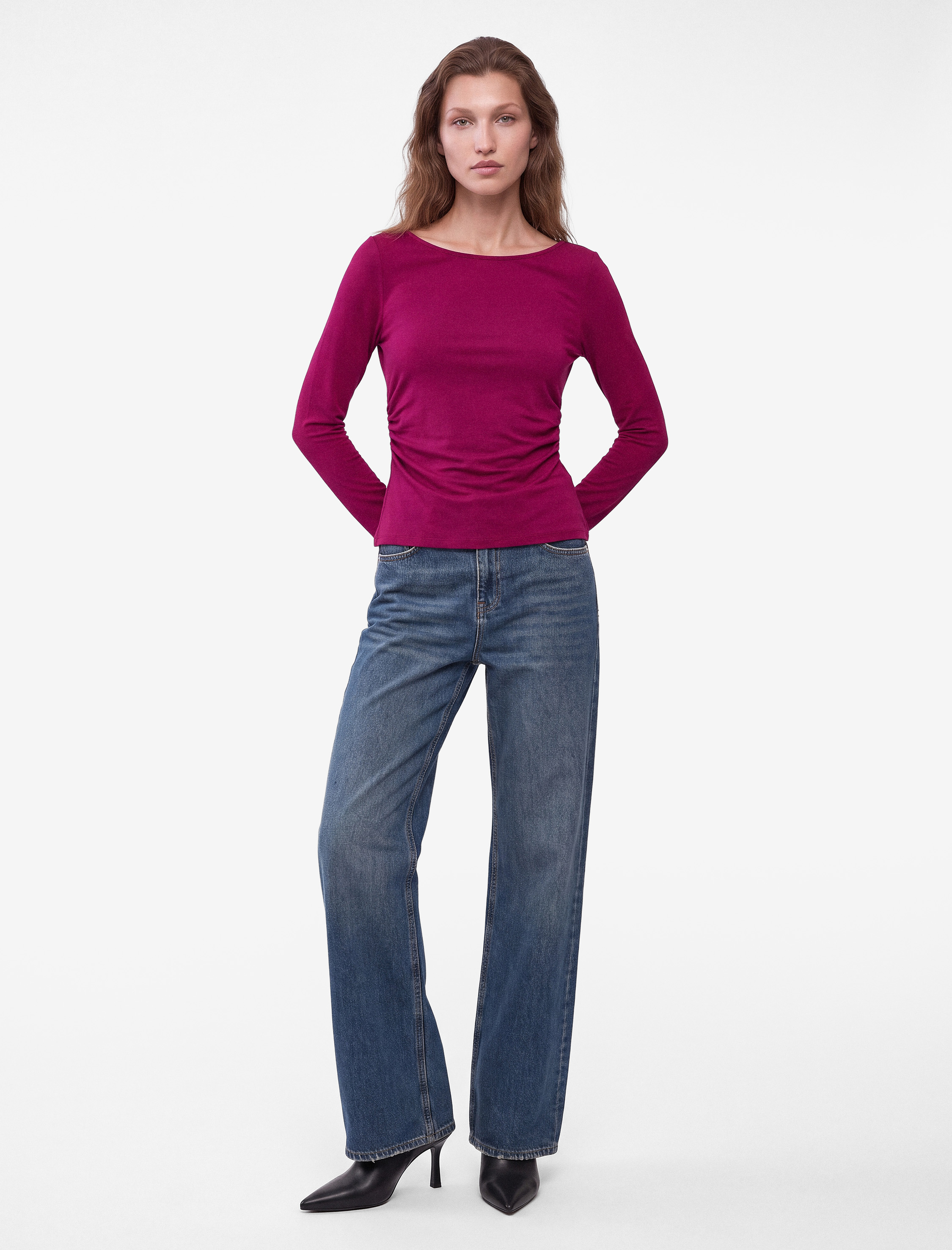   Slim Fit Viskon Kayık Yaka 3/4 Kollu Kayık Yaka Tişört
