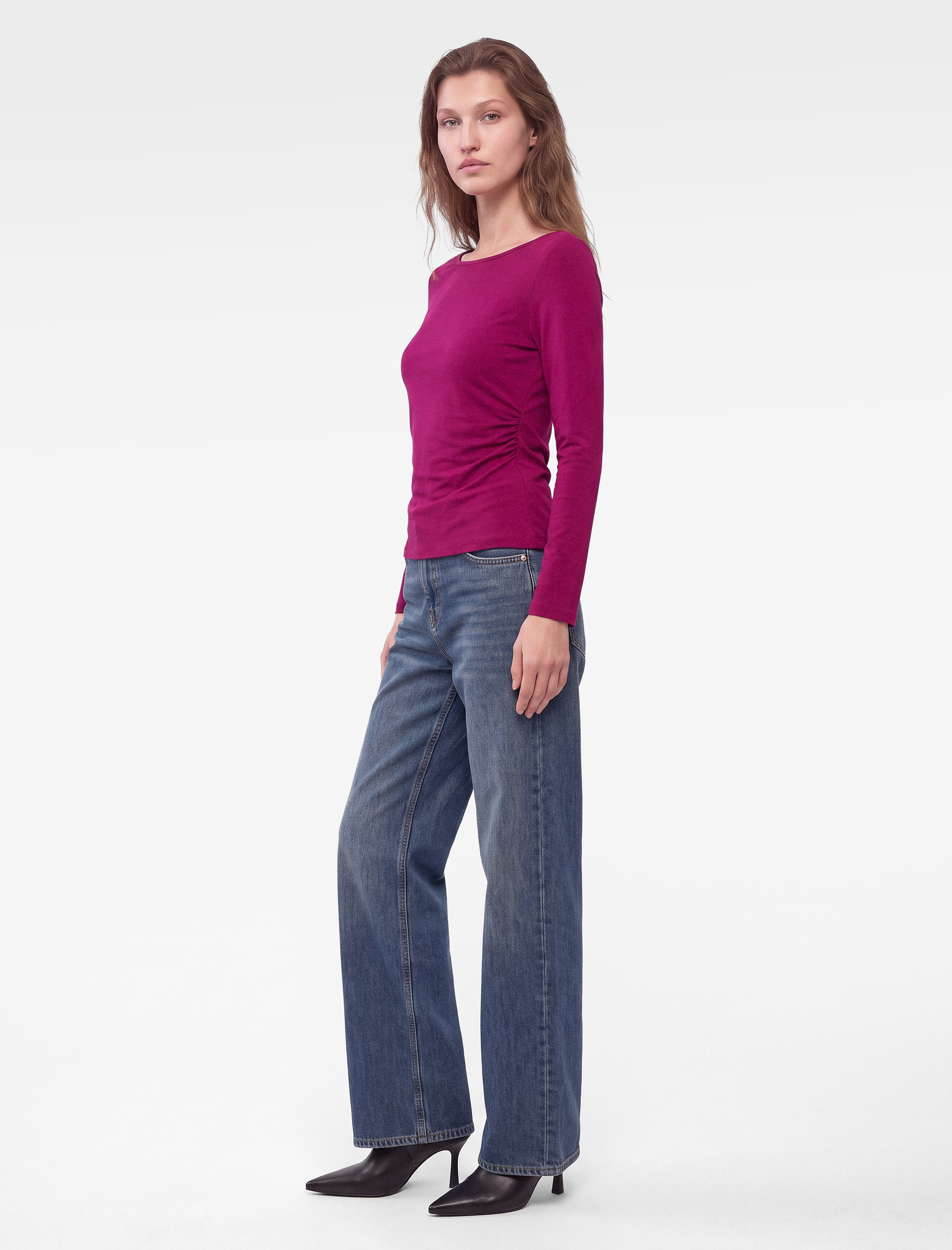   Slim Fit Viskon Kayık Yaka 3/4 Kollu Kayık Yaka Tişört