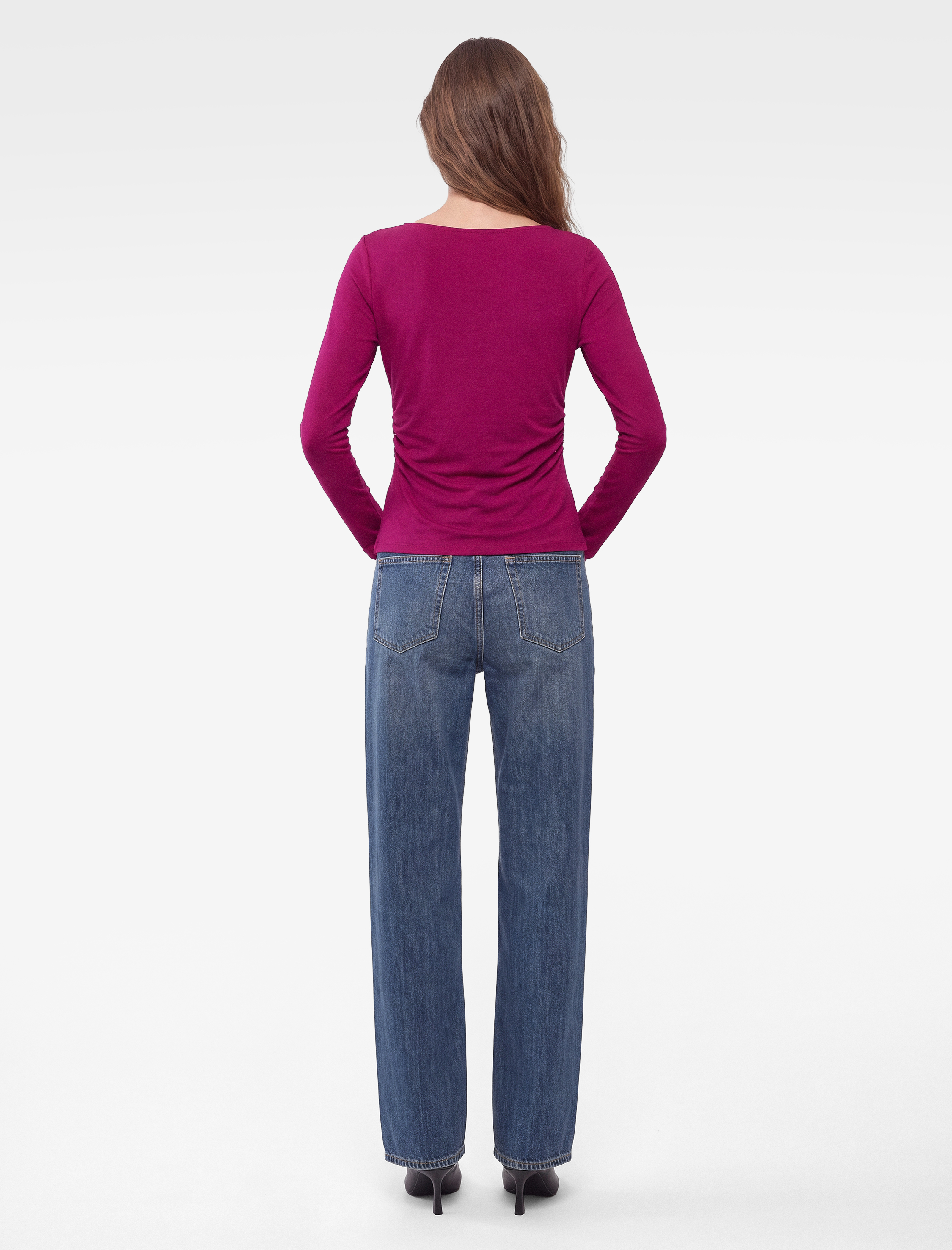   Slim Fit Viskon Kayık Yaka 3/4 Kollu Kayık Yaka Tişört