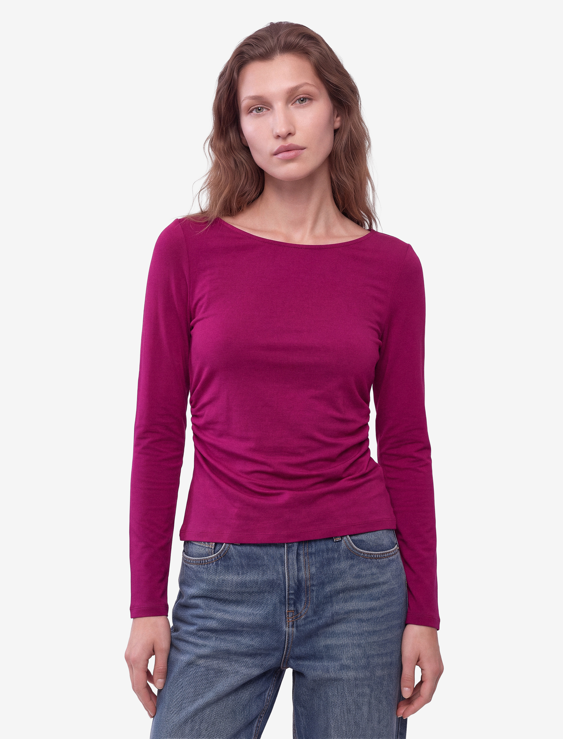   Slim Fit Viskon Kayık Yaka 3/4 Kollu Kayık Yaka Tişört