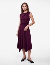 Kayık Yaka Kolsuz Mürdüm Rengi Midi Elbise Modal Kumaş Slim Fit Büzgülü Kloş Kesim