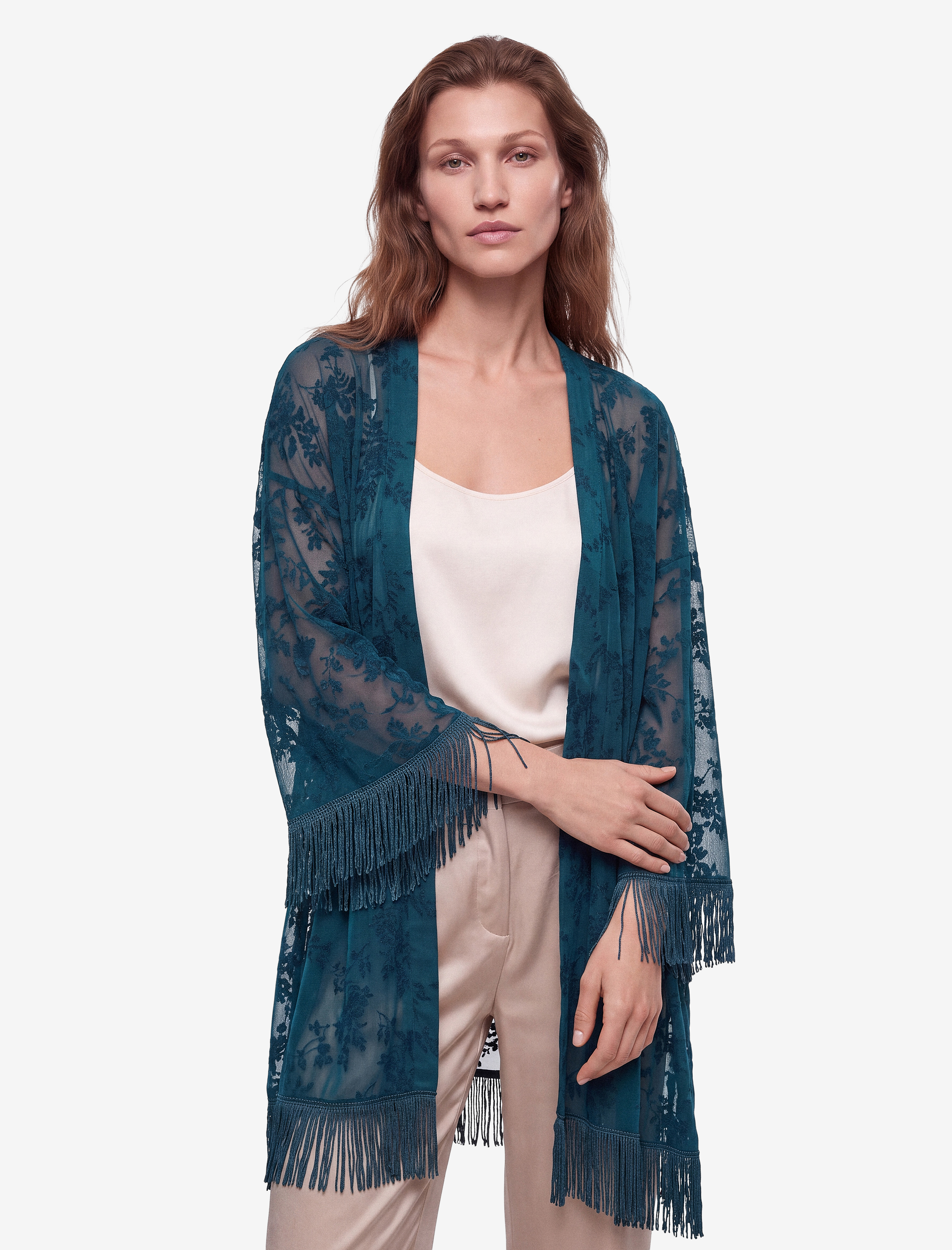   Rahat Kalıp Uzun Kollu Şal Yaka Floral Motifli Püsküllü Tül Panço