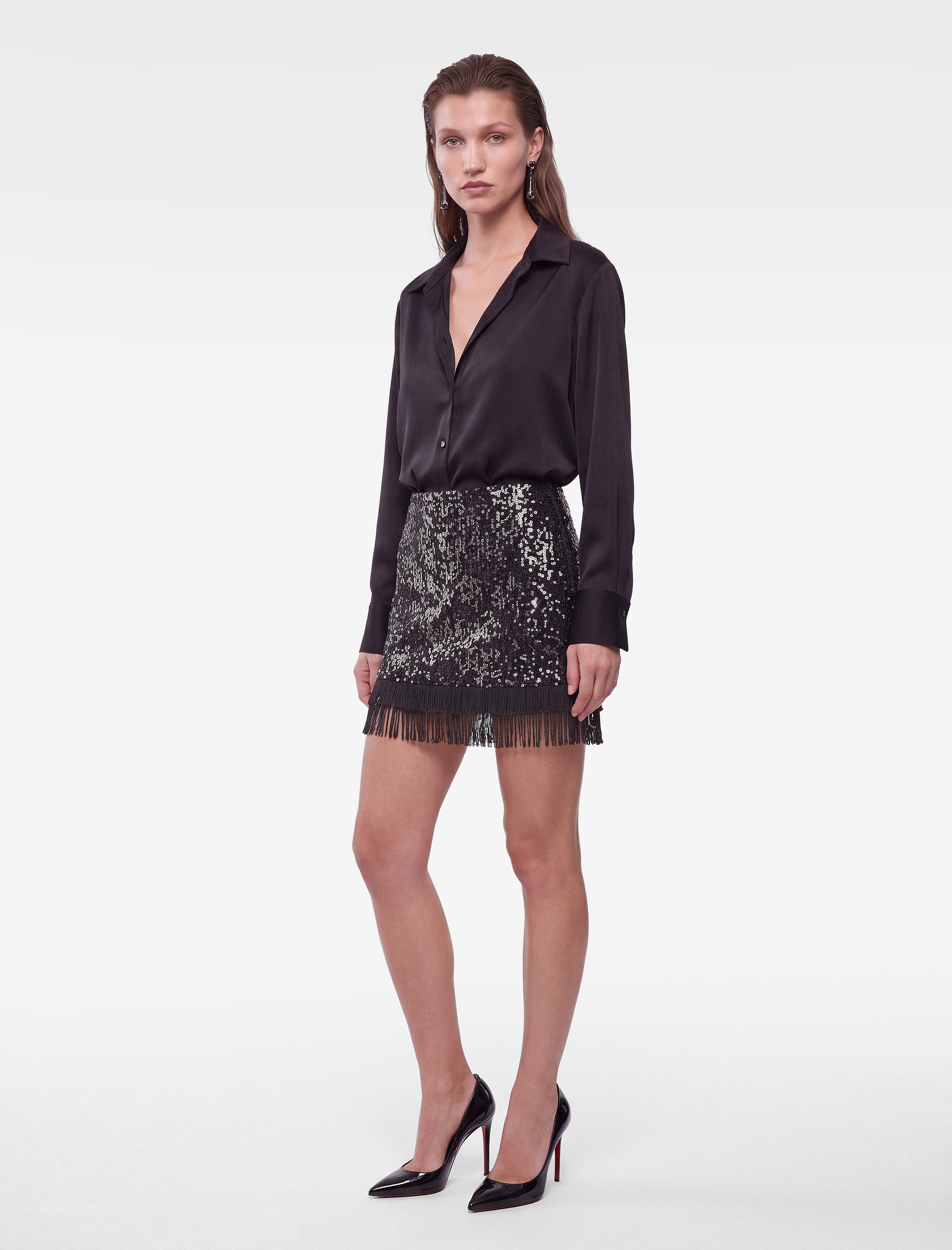   Slim Fit A Kesim Püsküllü Payetli Mini Abiye Etek