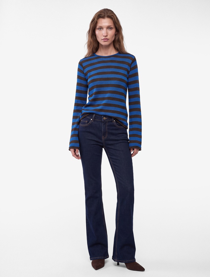  Slim Fit Bisiklet Yaka Uzun Kollu Çizgili Tişört