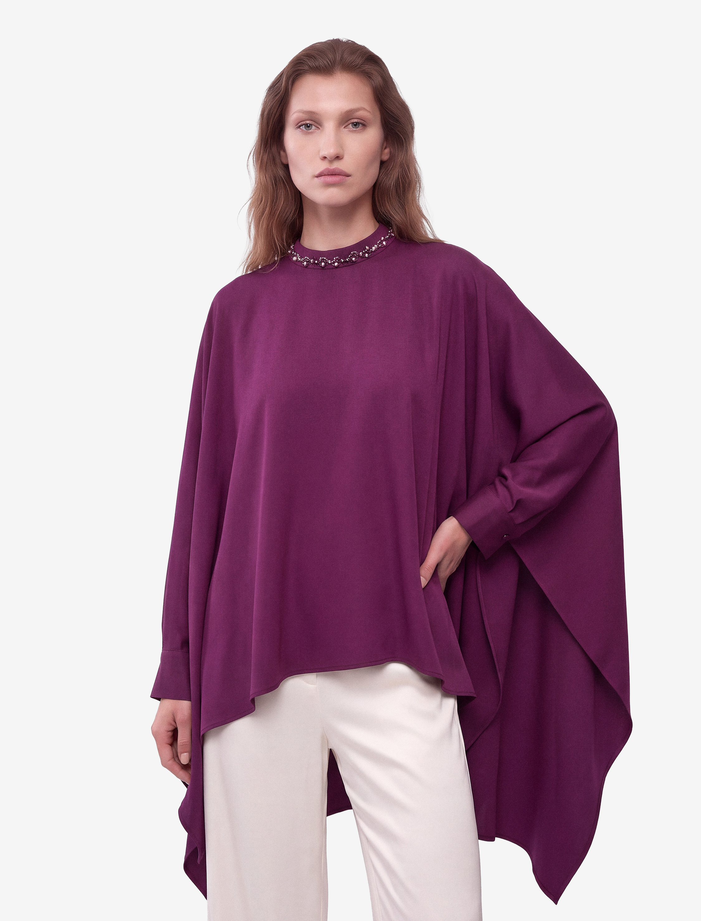   Oversize Saten Panço Pelerin Bluz Taşlı Asimetrik Kesim Yarasa Kol