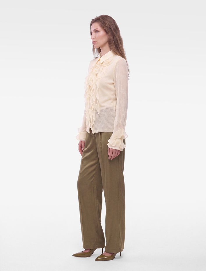  Slim Fit Uzun Kollu Fırfırlı Dantelli Transparan Bluz