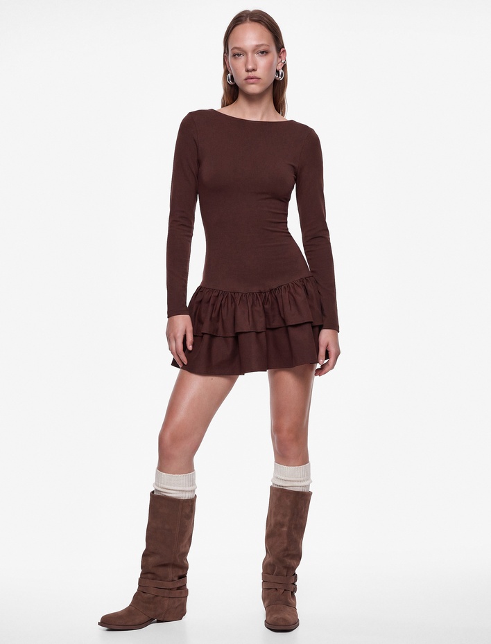  Slim Fit Bisiklet Yaka Uzun Kollu Katlı Volanlı Mini Bodycon Elbise