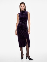 Slim Fit Yırtmaçlı Drapeli Kolsuz Dik Yaka Uzun Kadife Elbise