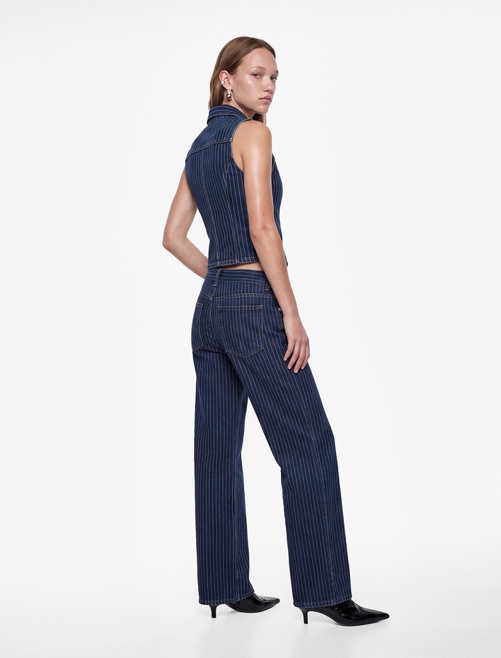  Düşük Bel Düğmeli Cepli Çizgili Simli Baggy Denim Pantolon - Baggy Jeans