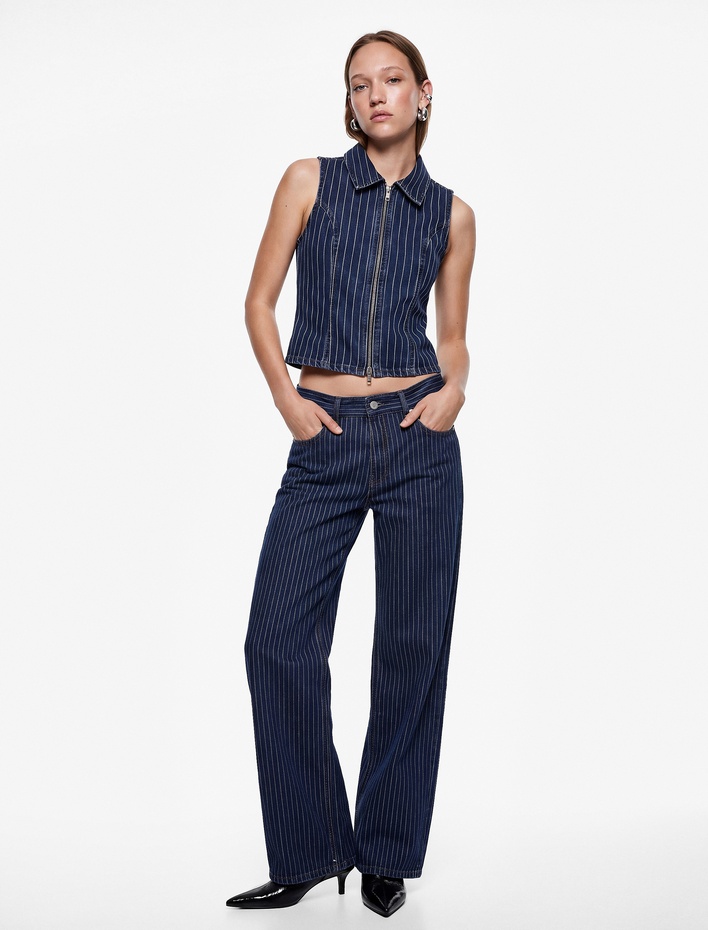  Düşük Bel Düğmeli Cepli Çizgili Simli Baggy Denim Pantolon - Baggy Jeans