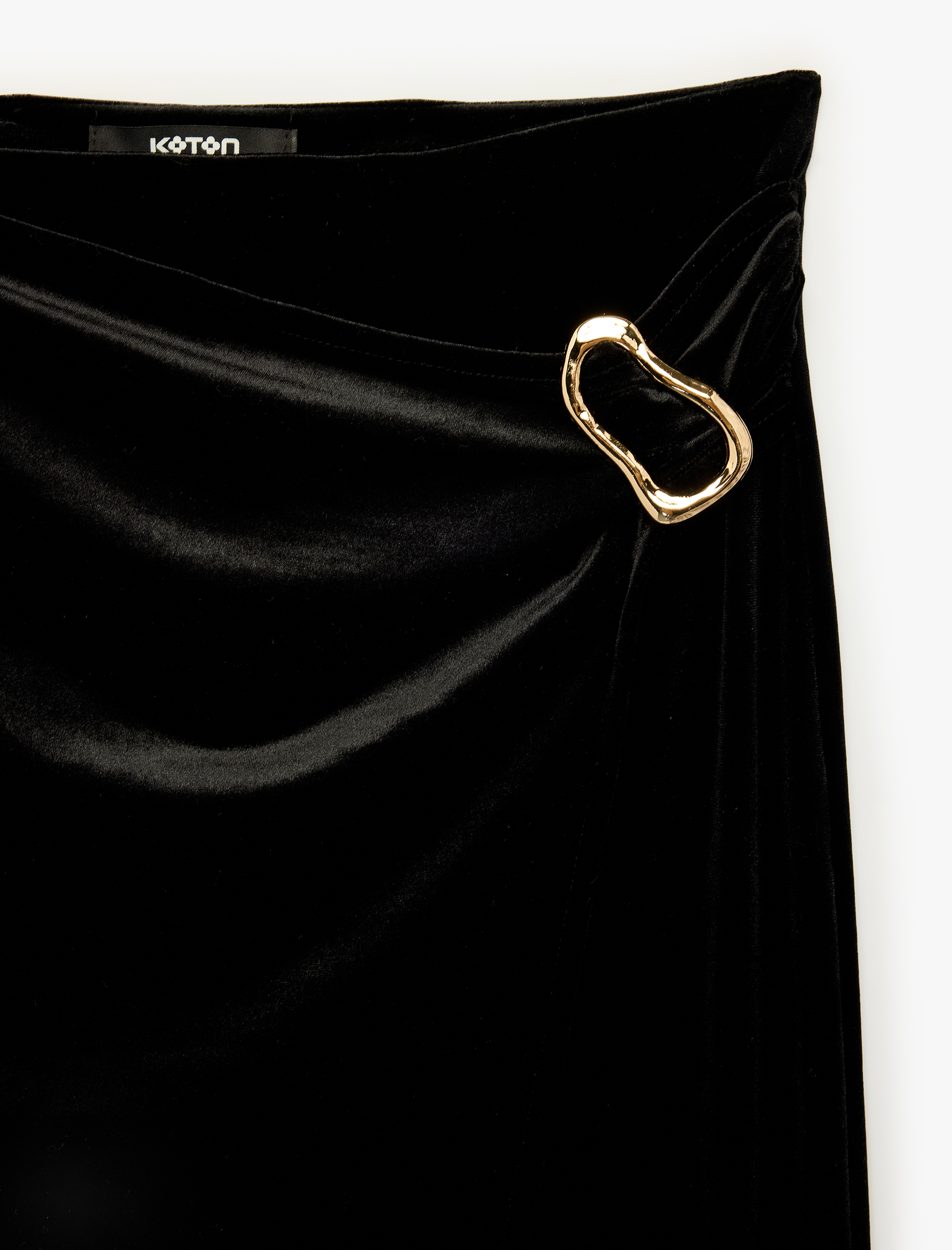   Slim Fit Aksesuarlı Yırtmaçlı Kruvaze Kadife Anvelop Midi Etek