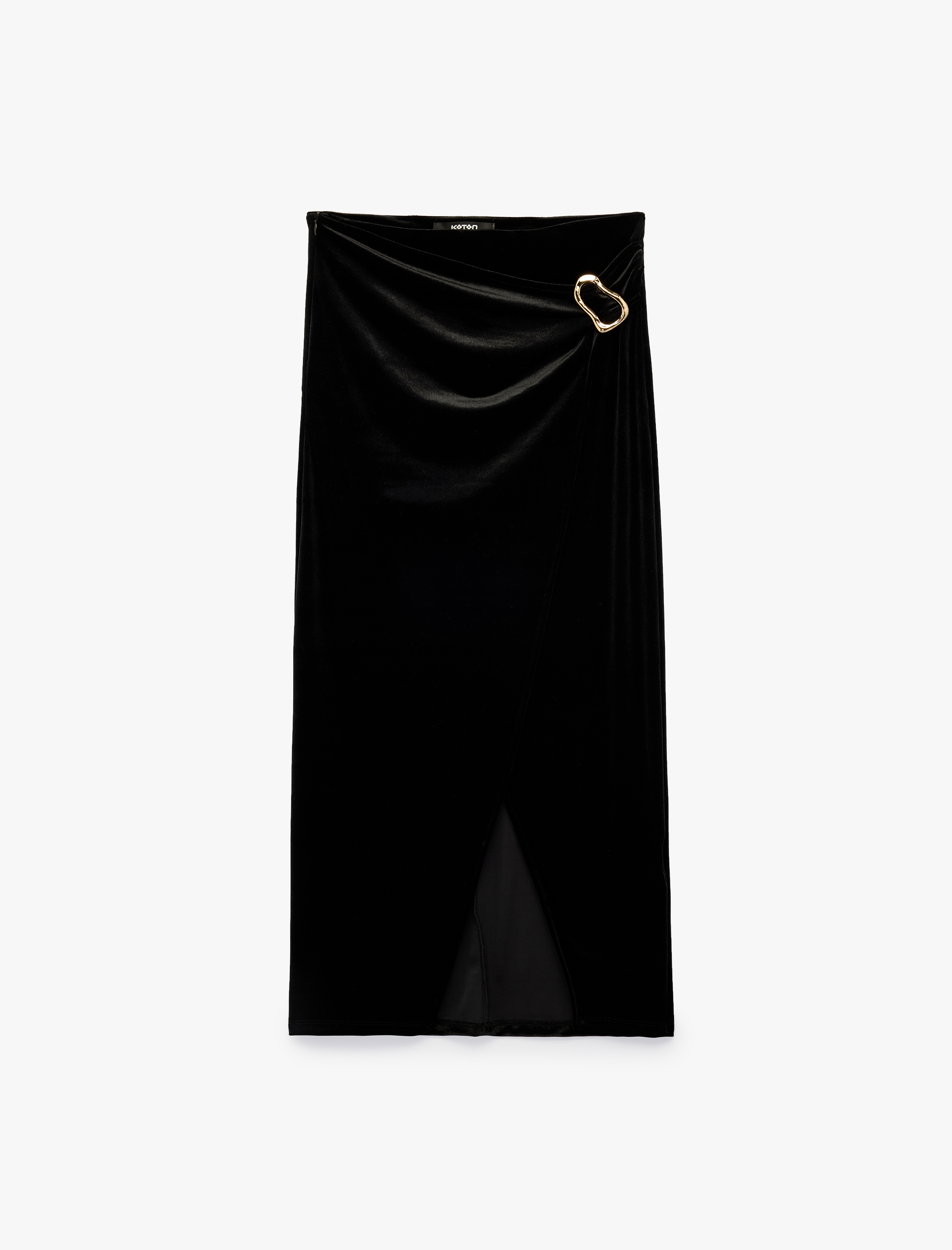   Slim Fit Aksesuarlı Yırtmaçlı Kruvaze Kadife Anvelop Midi Etek