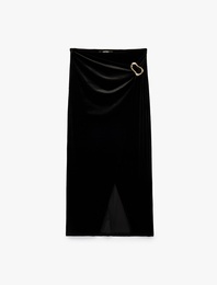 Slim Fit Aksesuarlı Yırtmaçlı Kruvaze Kadife Anvelop Midi Etek