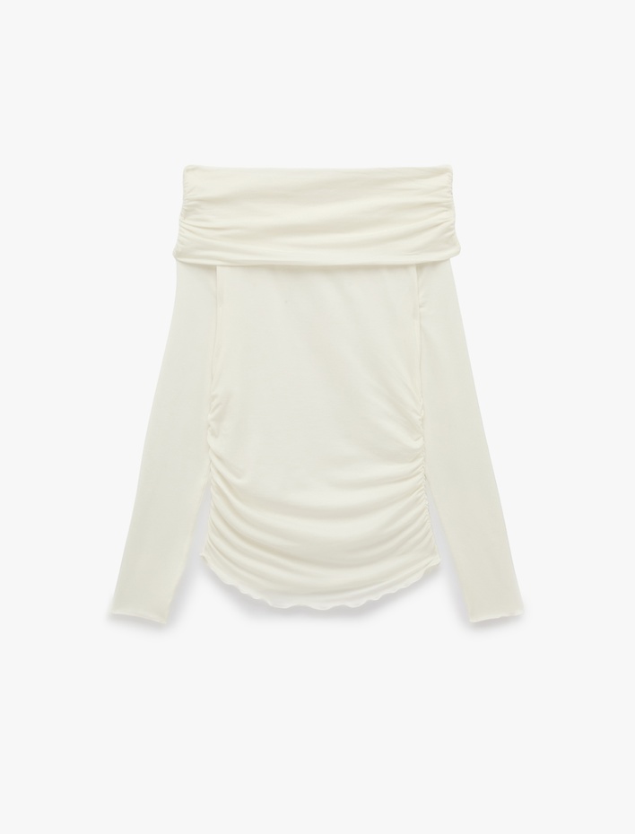  Slim Fit Drapeli Uzun Kollu Yün Karışımlı Omzu Açık Bluz