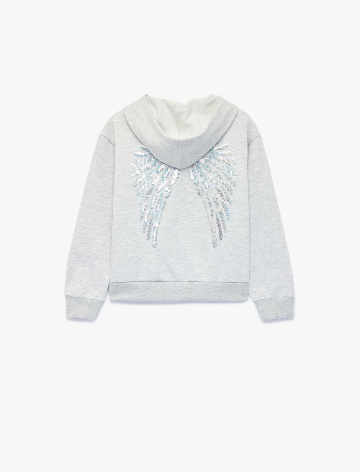 Kız Çocuk Pullu Payetli Arkası Baskılı Şardonlu Fermuarlı Kapşonlu Uzun Kollu Sweatshirt