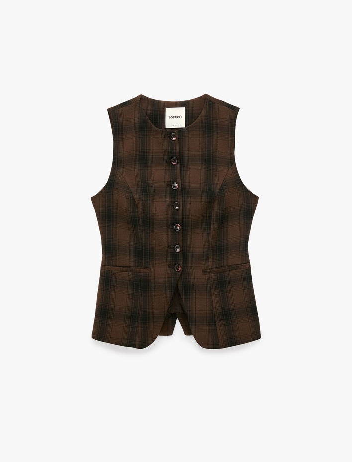  Ekose Yelek Slim Fit Düğmeli Bisiklet Yaka Kolsuz