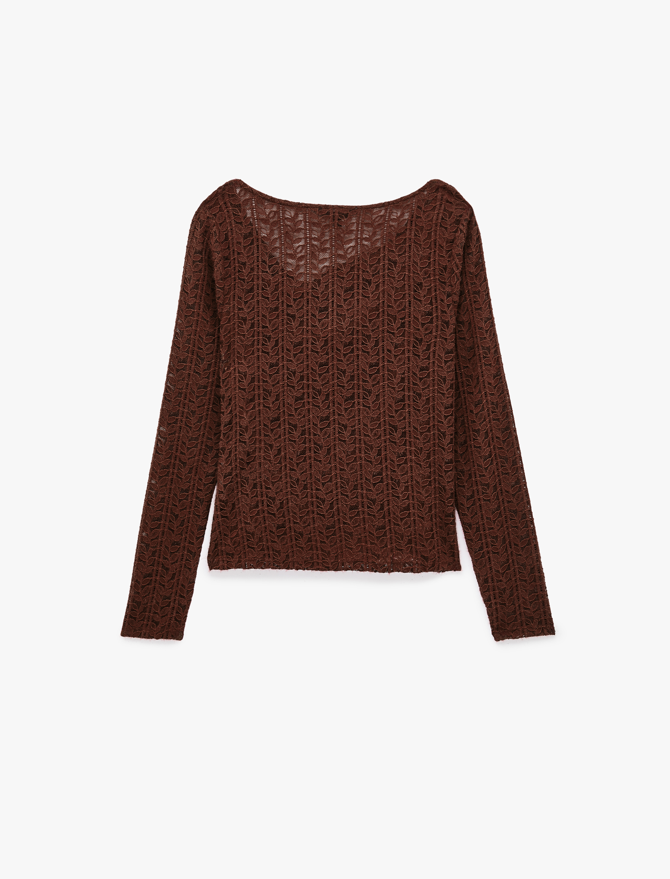  Degaje Yaka Dantel Tişört Yarı Transparan Slim Fit Uzun Kollu