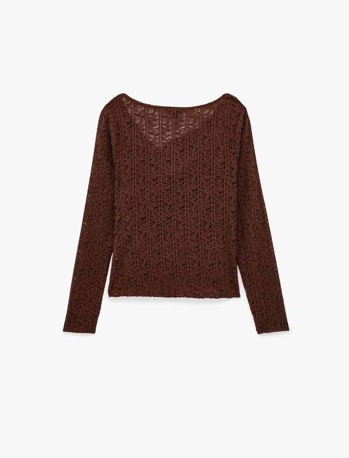  Degaje Yaka Dantel Tişört Yarı Transparan Slim Fit Uzun Kollu