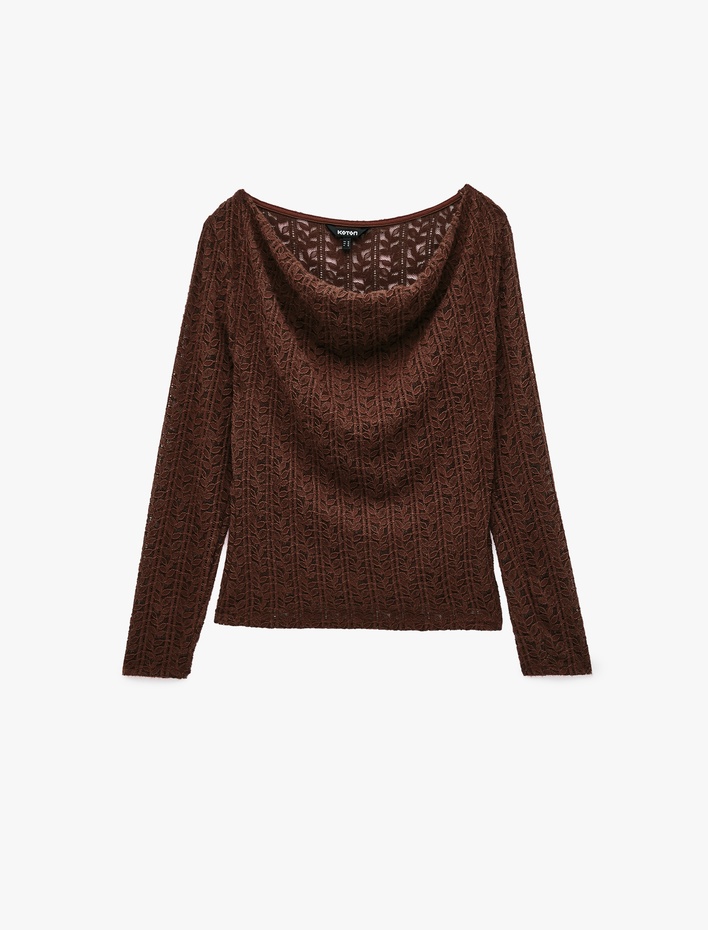  Degaje Yaka Dantel Tişört Yarı Transparan Slim Fit Uzun Kollu