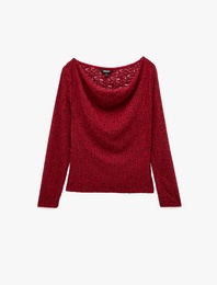 Degaje Yaka Dantel Tişört Yarı Transparan Slim Fit Uzun Kollu